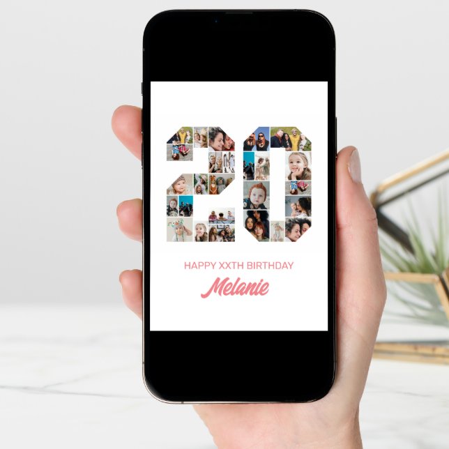 20th Birthday Number 20 Photo Collage Personalized Card (Front Digital)