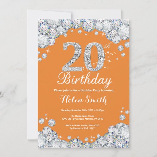 20th Birthday Orange and Silver Diamond Invitation