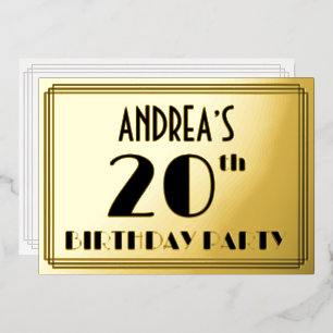 20th Birthday Party — Art Deco Look “20” + Name Foil Invitation