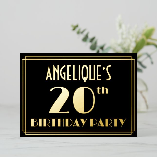 20th Birthday Party: Art Deco Look “20”, w/ Name Foil Invitation (Standing Front)