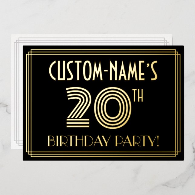 20th Birthday Party — Art Deco Style “20” + Name Foil Invitation (Front/Back)