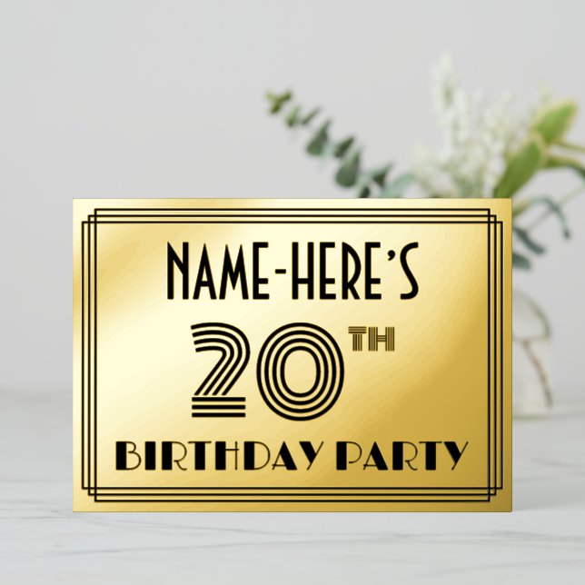 20th Birthday Party — Art Deco Style “20” & Name Foil Invitation (Standing Front)