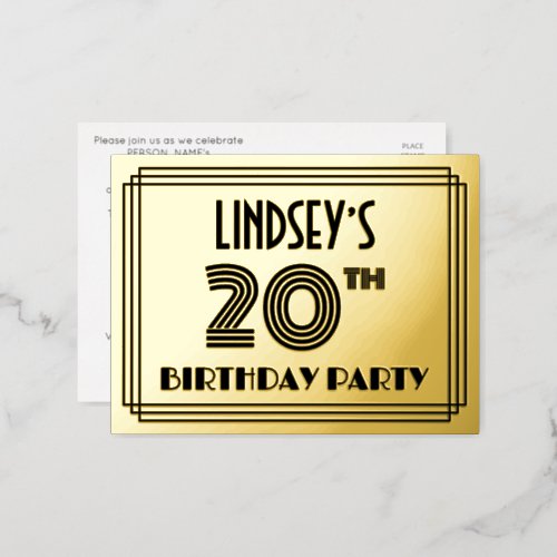 20th Birthday Party  Art Deco Style 20  Name Foil Invitation Postcard