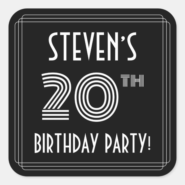 20th Birthday Party: Art Deco Style & Custom Name Square Sticker (Front)