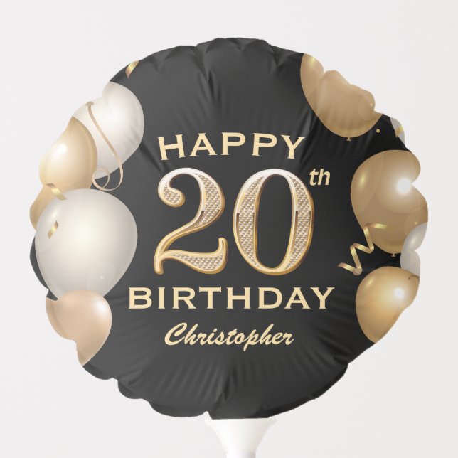 20th Birthday Party Black and Gold Balloons (Front)