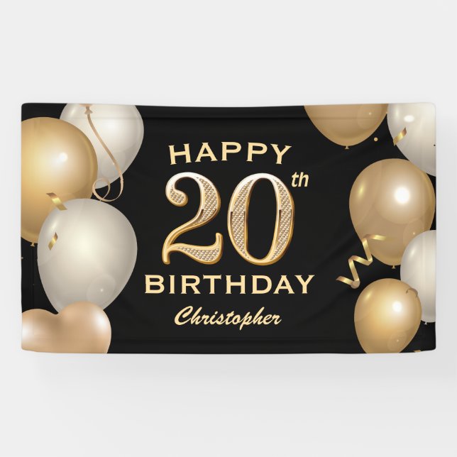 20th Birthday Party Black and Gold Balloons Banner (Horizontal)