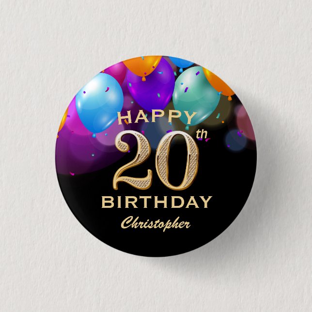 20th Birthday Party Black and Gold Balloons Button (Front)