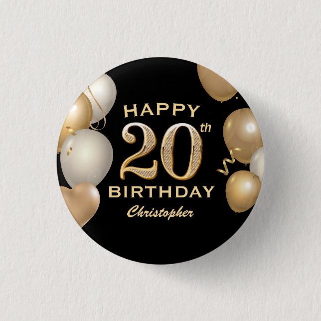 20th Birthday Party Black and Gold Balloons Button (Front)
