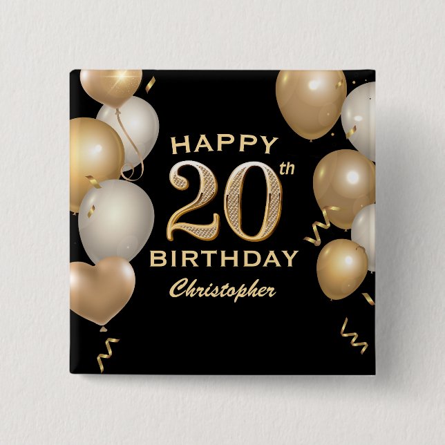 20th Birthday Party Black and Gold Balloons Button (Front)