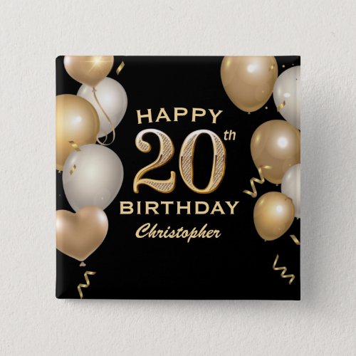 20th Birthday Party Black and Gold Balloons Button