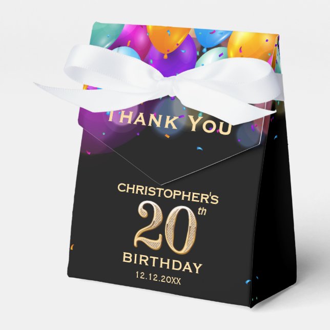 20th Birthday Party Black and Gold Balloons Favor Boxes (Front Side)