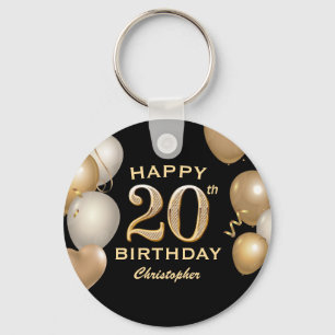 20th Birthday Party Black and Gold Balloons Keychain