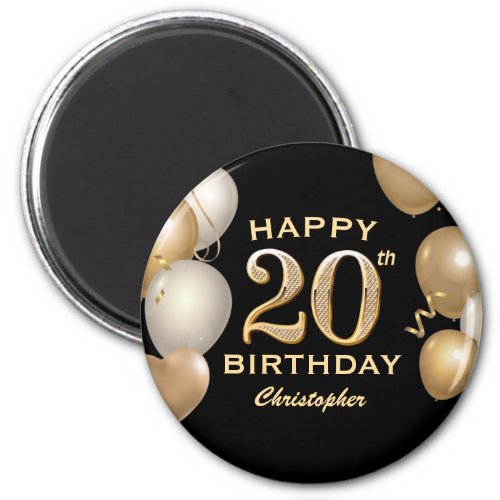 20th Birthday Party Black and Gold Balloons Magnet