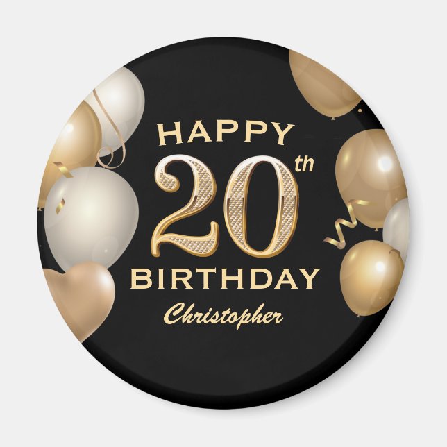 20th Birthday Party Black and Gold Balloons Magnet (Front)