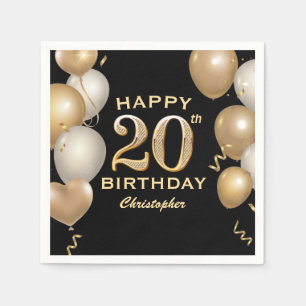 20th Birthday Party Black and Gold Balloons Napkins