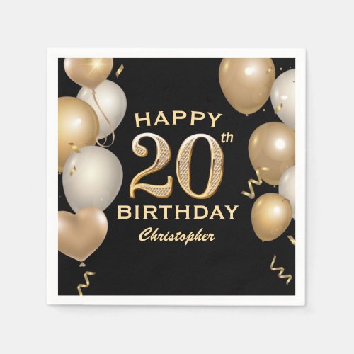 20th Birthday Party Black and Gold Balloons Napkins