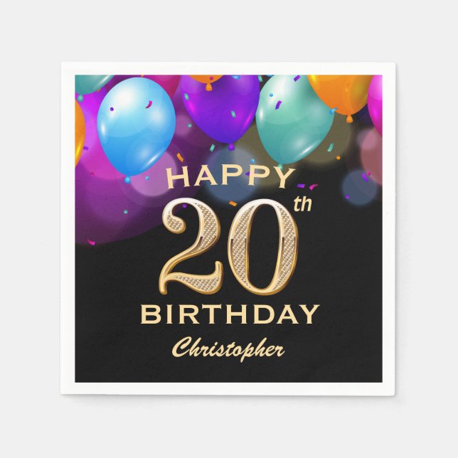 20th Birthday Party Black and Gold Balloons Napkins (Front)