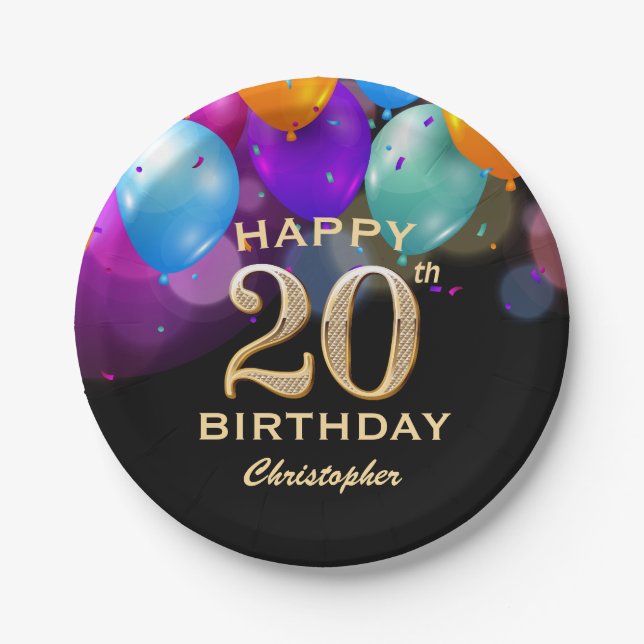 20th Birthday Party Black and Gold Balloons Paper Plates (Front)