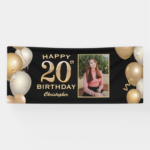 20th Birthday Party Black and Gold Balloons Photo Banner