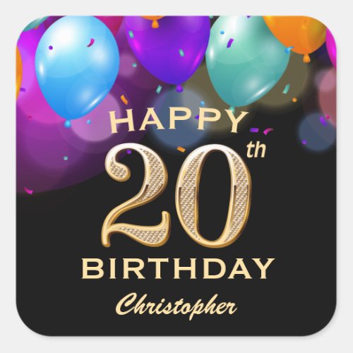 20th Birthday Party Black and Gold Balloons Square Sticker