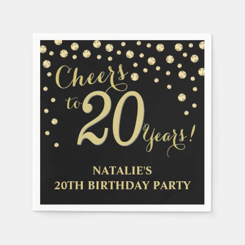 20th Birthday Party Black and Gold Diamond Napkin