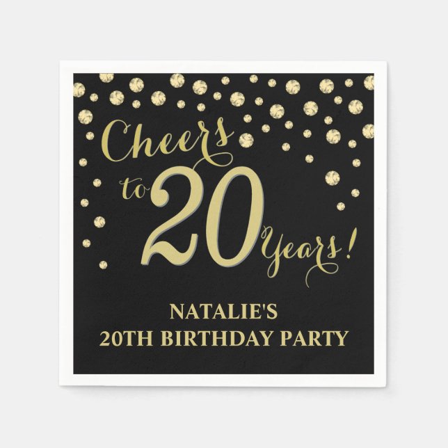 20th Birthday Party Black and Gold Diamond Napkin (Front)