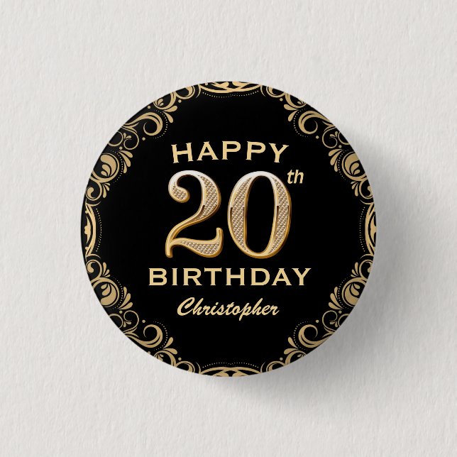 20th Birthday Party Black and Gold Glitter Frame Button (Front)