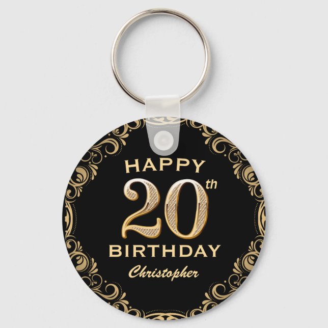 20th Birthday Party Black and Gold Glitter Frame Keychain (Front)