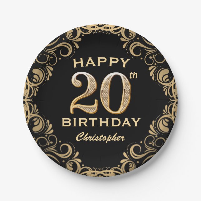 20th Birthday Party Black and Gold Glitter Frame Paper Plates (Front)
