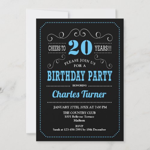 20th Birthday Party _ Black Blue White Invitation
