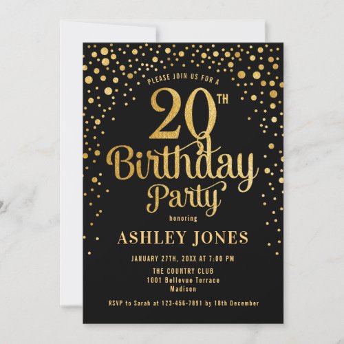 20th Birthday Party _ Black  Gold Invitation