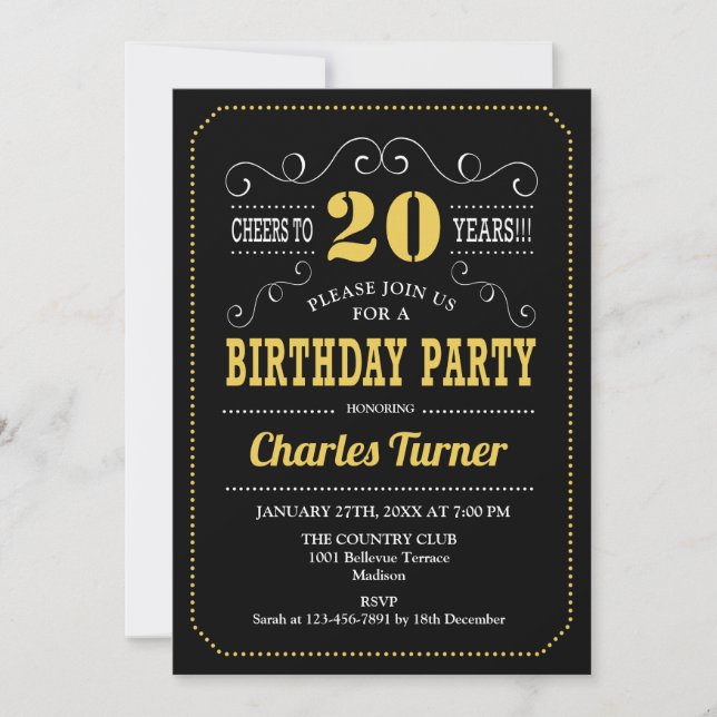 20th Birthday Party - Black Gold White Invitation (Front)