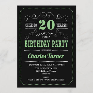 20th Birthday Party - Black Green White Invitation