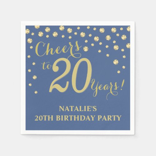 20th Birthday Party Blue and Gold Diamond Napkin