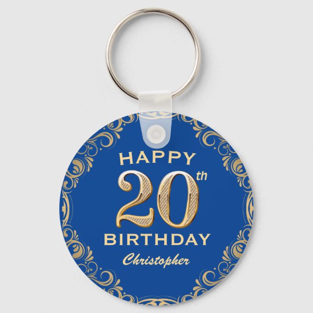 20th Birthday Party Blue and Gold Glitter Frame Keychain (Front)