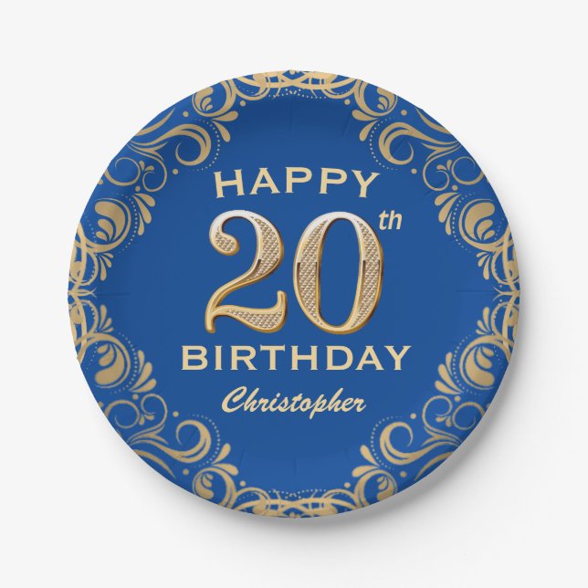 20th Birthday Party Blue and Gold Glitter Frame Paper Plates (Front)