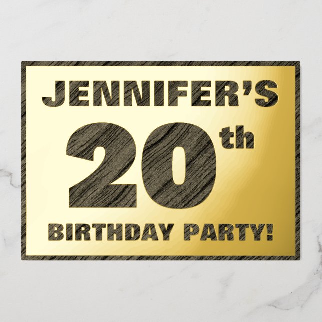 20th Birthday Party — Bold, Faux Wood Grain Text Foil Invitation (Front)