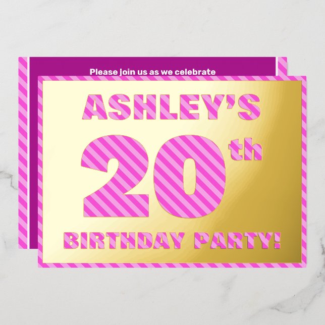 20th Birthday Party — Bold, Fun, Pink Stripes # 20 Foil Invitation (Front/Back)
