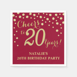20th Birthday Party Burgundy Red and Gold Diamond Napkins
