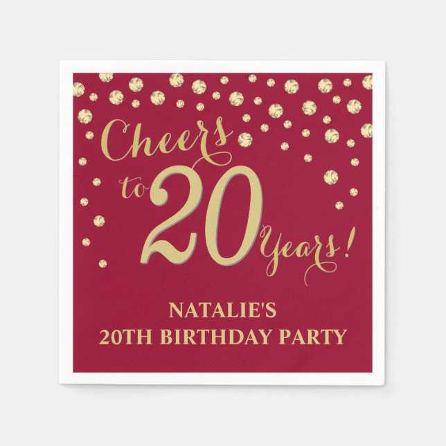20th Birthday Party Burgundy Red and Gold Diamond Napkins (Front)