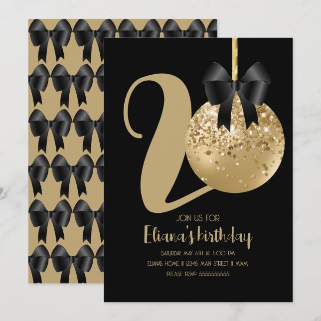 20th Birthday Party Cake Pop Black Invitation (Front/Back)