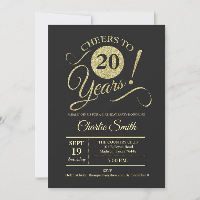 20th Birthday Party - Chalkboard Gold Invitation (Front)