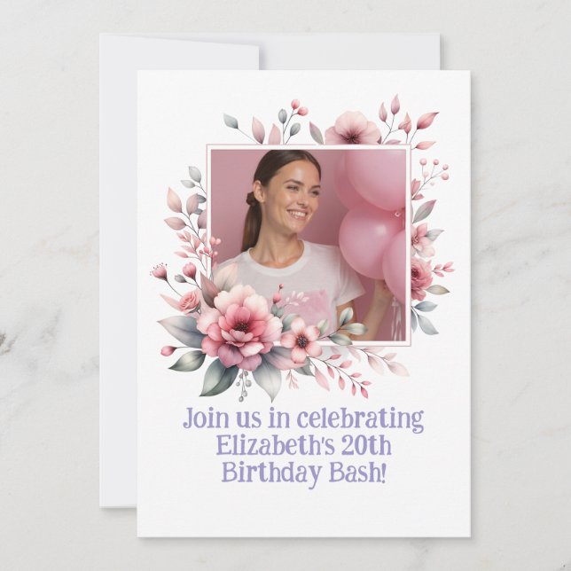 20th Birthday Party Custom Photo Floral Frame Invitation (Front)