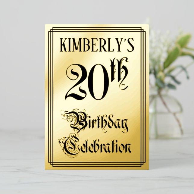 20th Birthday Party — Elegant Script + Custom Name Foil Invitation (Standing Front)