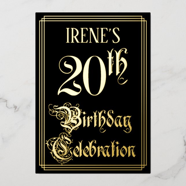 20th Birthday Party — Fancy Script & Custom Name Foil Invitation (Front)