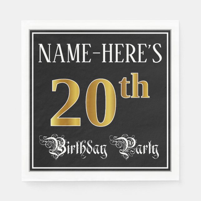 20th Birthday Party — Fancy Script, Faux Gold Look Napkins (Front)