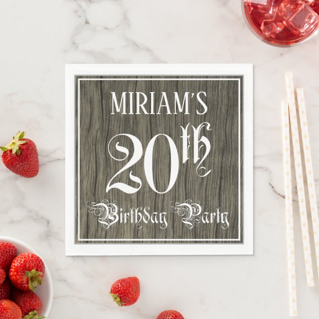 20th Birthday Party — Fancy Script, Faux Wood Look Napkins (Insitu)