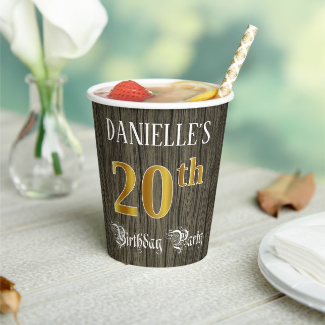 20th Birthday Party — Faux Gold & Faux Wood Looks Paper Cups (Insitu)