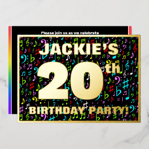 20th Birthday Party — Fun, Colorful Music Symbols Foil Invitation