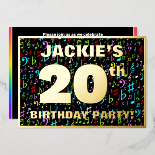 20th Birthday Party  Fun Colorful Music Symbols Foil Invitation
